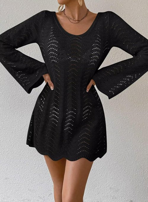 Falechay Women's Swimsuit Cover-Up - Long Sleeve Crochet Design | Backless Mesh for Summer Beach Vacations