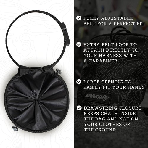 Chalk Bag + Refillable Chalk Ball - Iconic Topographical Map, Draw String Closure, 2 Zippered Pockets, & Brush Holder - Climbing Chalk Bag for Rock Climbing, Bouldering, Weightlifting, Gymnastics