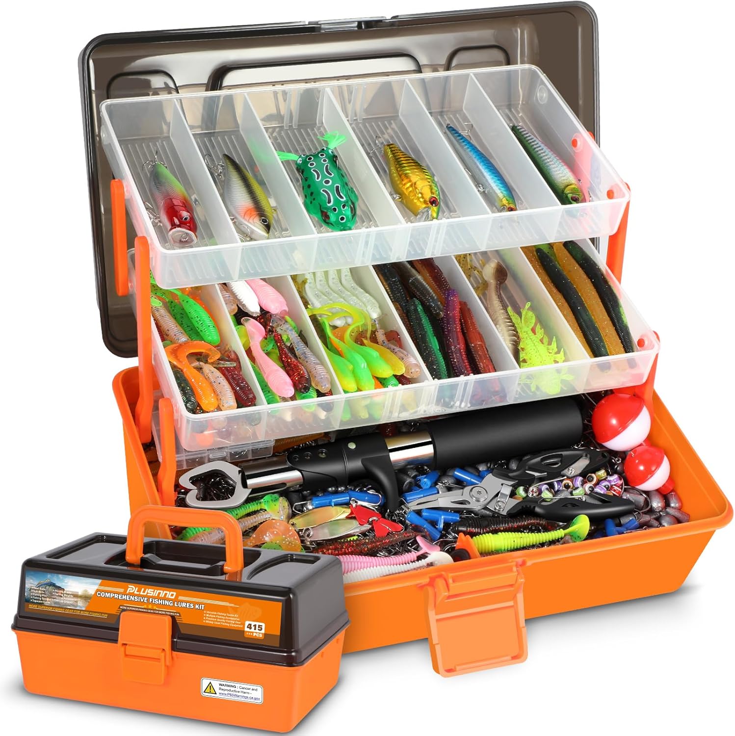 PLUSINNO Large Fishing Tackle Box - 3 Layers with 415Pcs Lures, Pliers & Accessories | Ideal Gift for Men