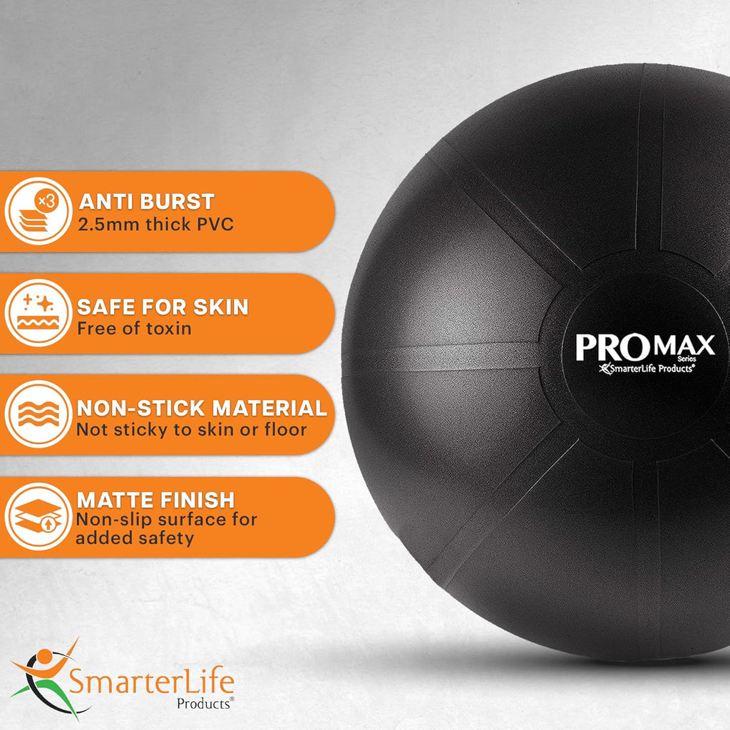 SmarterLife PRO MAX Exercise Ball - Anti-Burst Yoga & Stability Trainer for Core Workouts | Fitness & Therapy Support