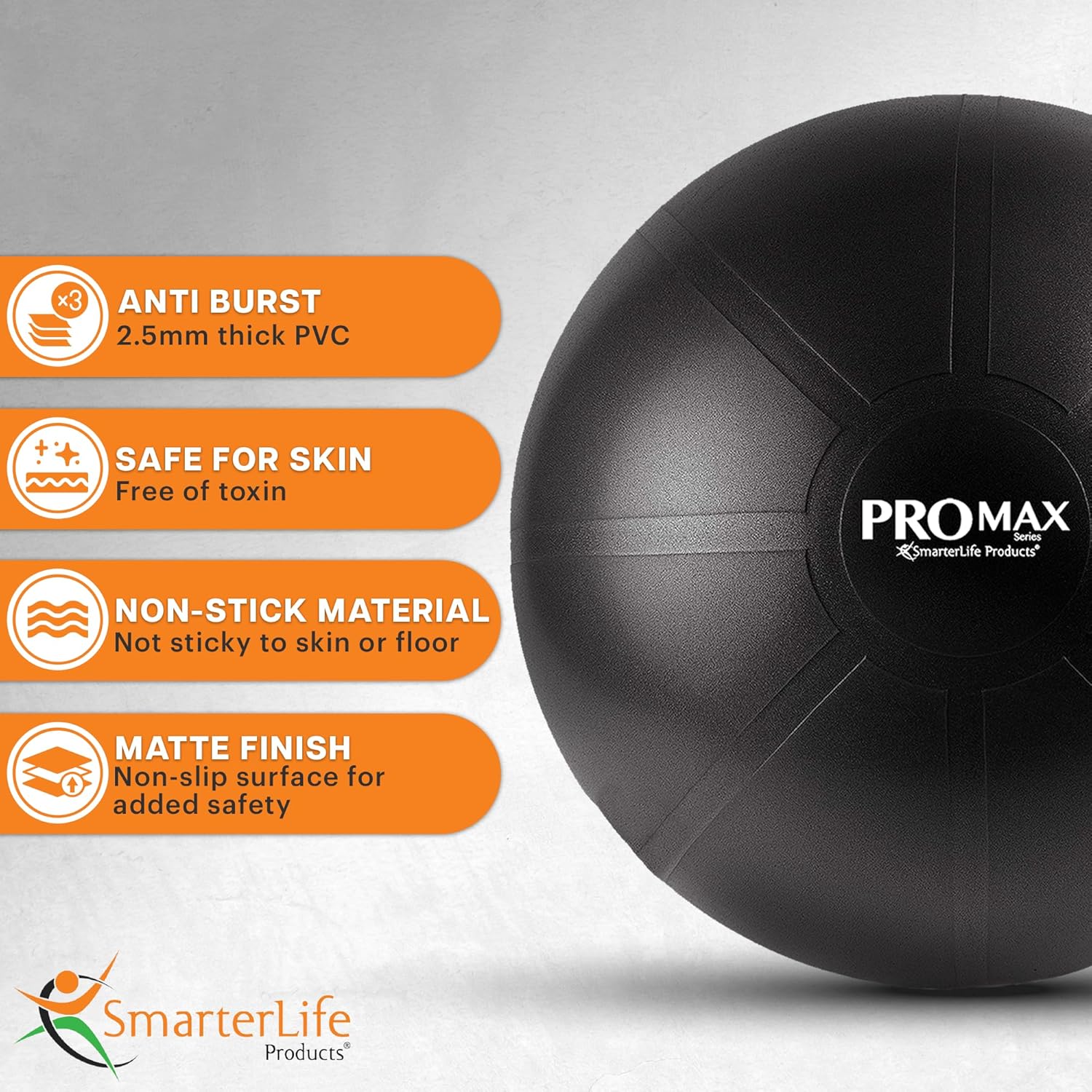 SmarterLife PRO MAX Exercise Ball - Anti-Burst Yoga & Stability Trainer for Core Workouts | Fitness & Therapy Support