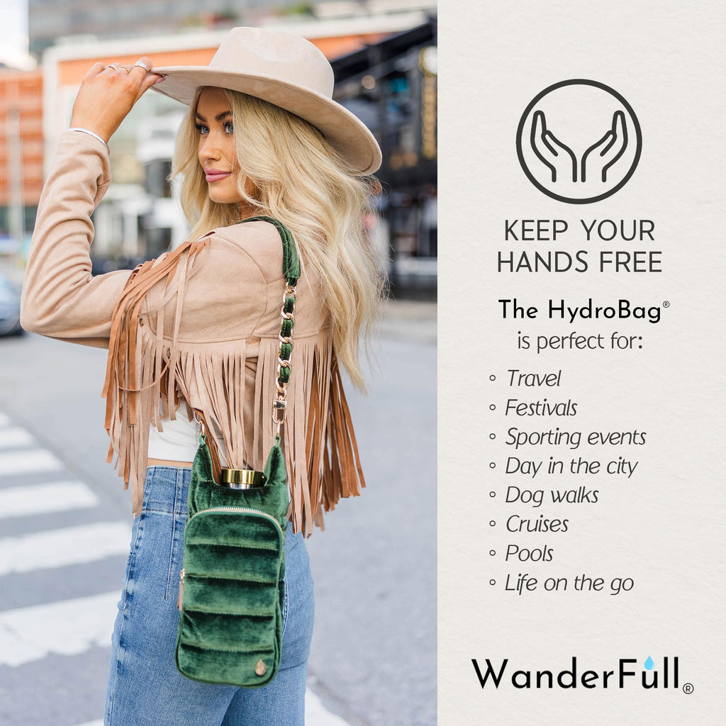 WanderFull® Original HydroBag® Velvet, Fits Up to 32 oz Water Bottle Holder with Gold Chain Shoulder Strap, Hands-Free Crossbody Water Bottle Carrier Bag w/Phone Pocket, Wine Bag - Emerald