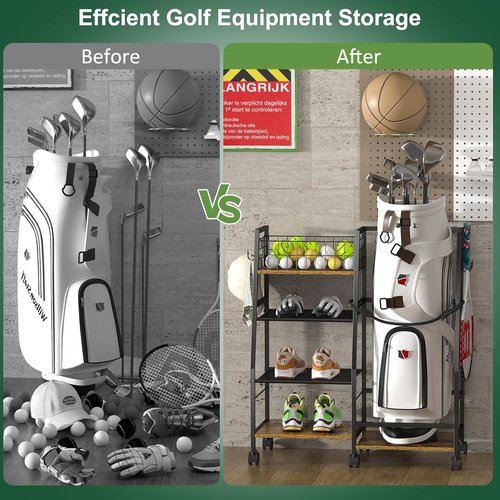 Golf Bag Garage Storage Rack - Sturdy Wood & Metal Organizer with Wheels for Single Bag | Black