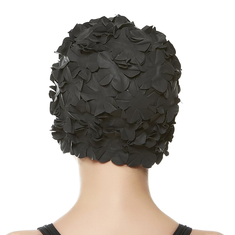 Beemo Floral Petal Swim Cap for Women - Retro Latex Hair Taper Ear Protection, Black Variation
