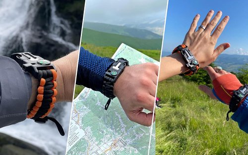 aZengear Paracord Survival Bracelet (2 Pack) | Flint Steel Fire Starter, Whistle, Compass, Mini Saw | Adjustable Wrist Band Size for Camping, Bushcraft, Emergency Kit (Black & Orange)