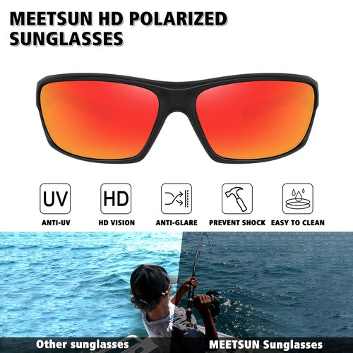 MEETSUN Polarized Sports Sunglasses for Men Women Wrap Around Driving Cycling Golf Fishing Sun Glasses UV400 Protection 3Pack- Black+Blue+Red