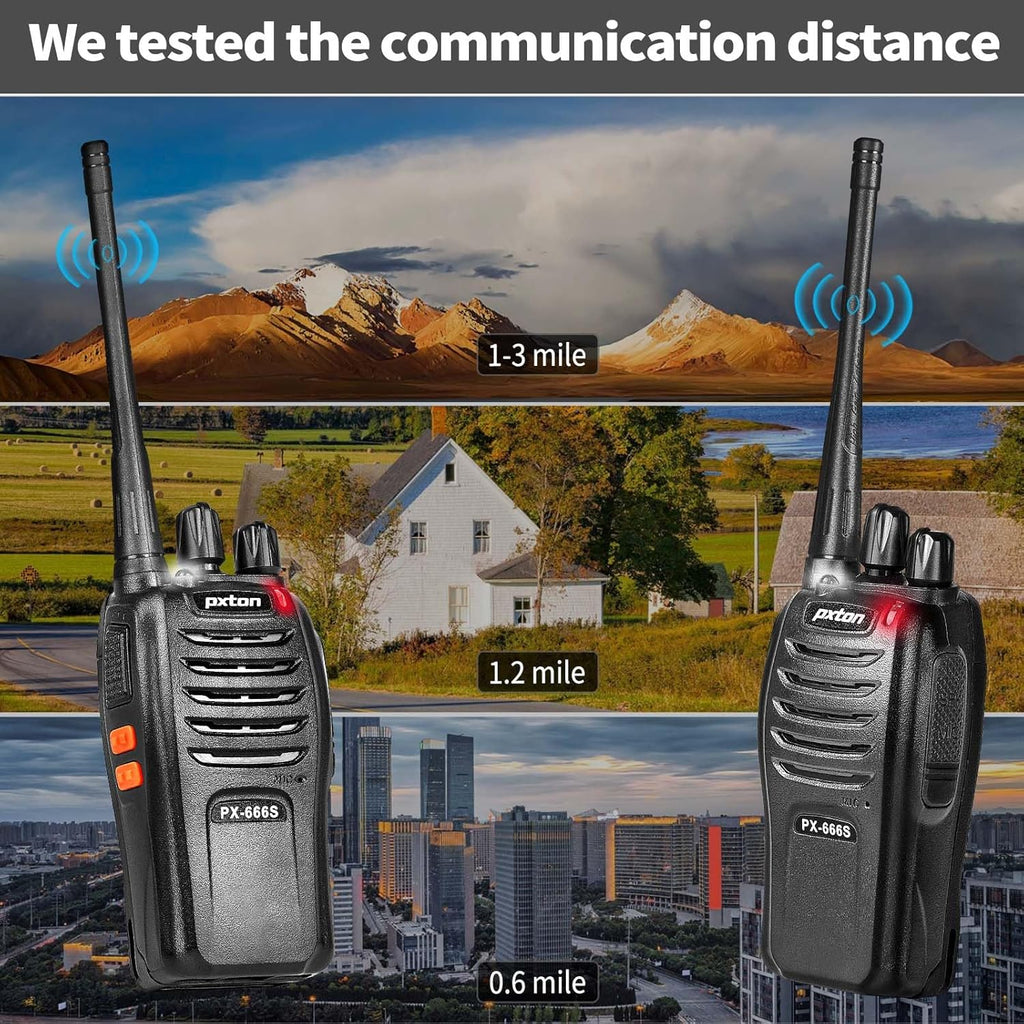 Pxton Walkie Talkies - 666S Long Range Rechargeable 2-Way Radios with Headphones | VOX, Noise Reduction, Flashlight (2 Pack)