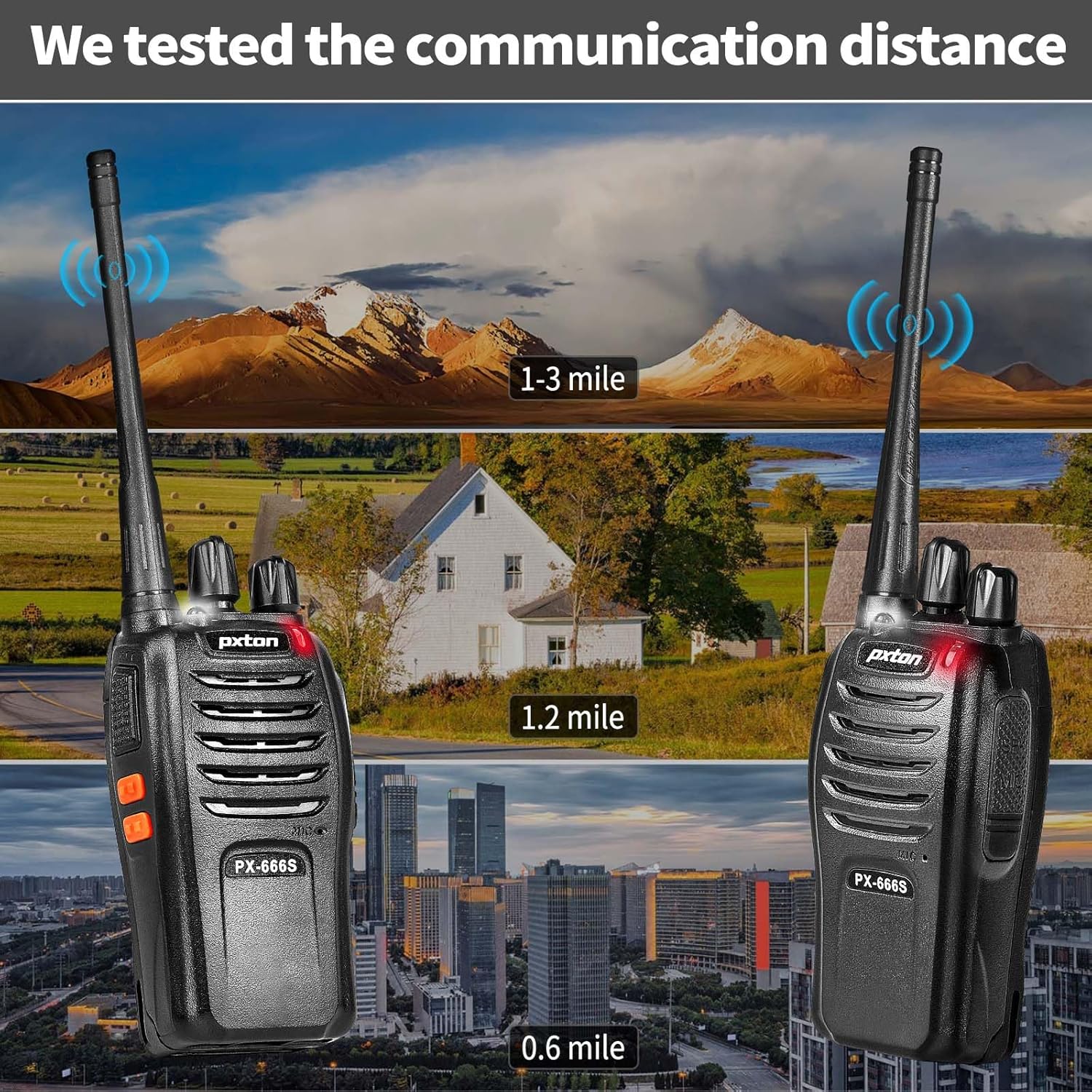 Pxton Walkie Talkies - 666S Long Range Rechargeable 2-Way Radios with Headphones | VOX, Noise Reduction, Flashlight (2 Pack)