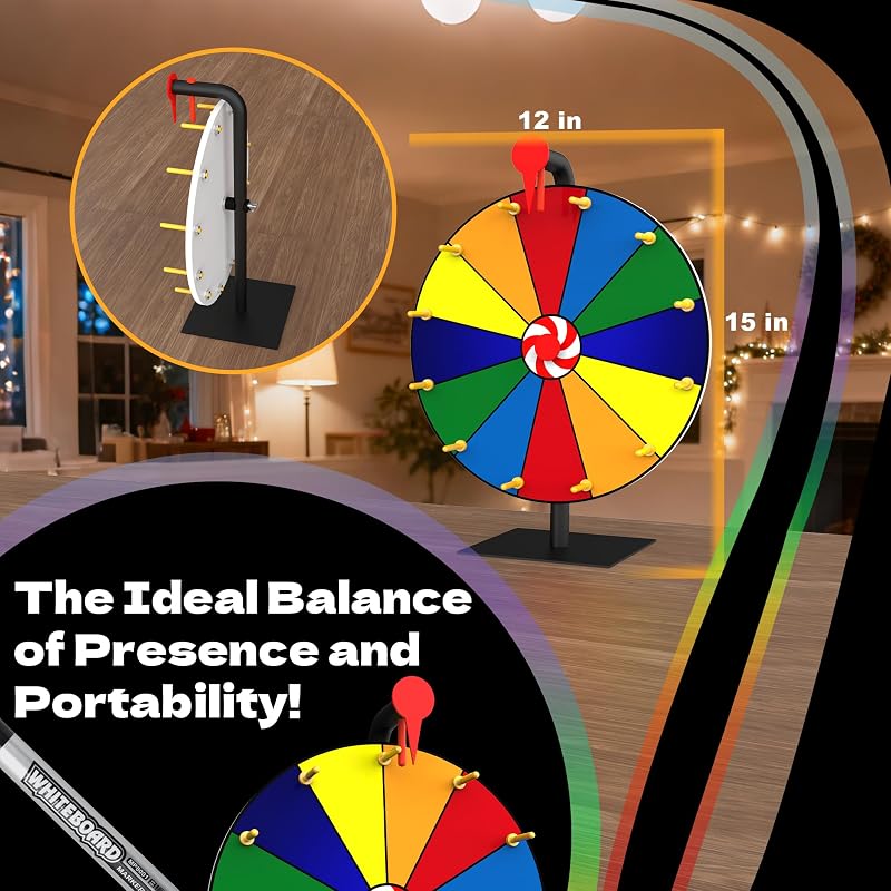 15 Inch Spin Prize Wheel with 12 Slots - Desktop Prize Spinner with Heavy Base for Game, Party, Trade Show, Carnival, Classroom