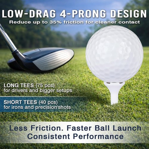 Golf Tees - 115 Pack of 3-1/4" & 1-1/2" Mixed Sizes | Low Resistance Design & Oversized Head