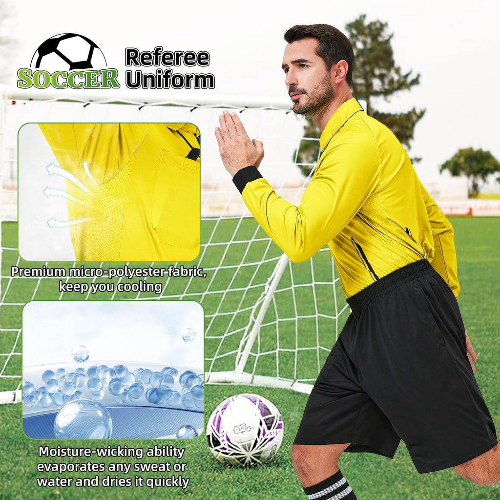 CUTIEHON Soccer Referee Jersey, Long Sleeve Official Pro Soccer Referee Shirt, Featuring a Badge Holder & Pockets