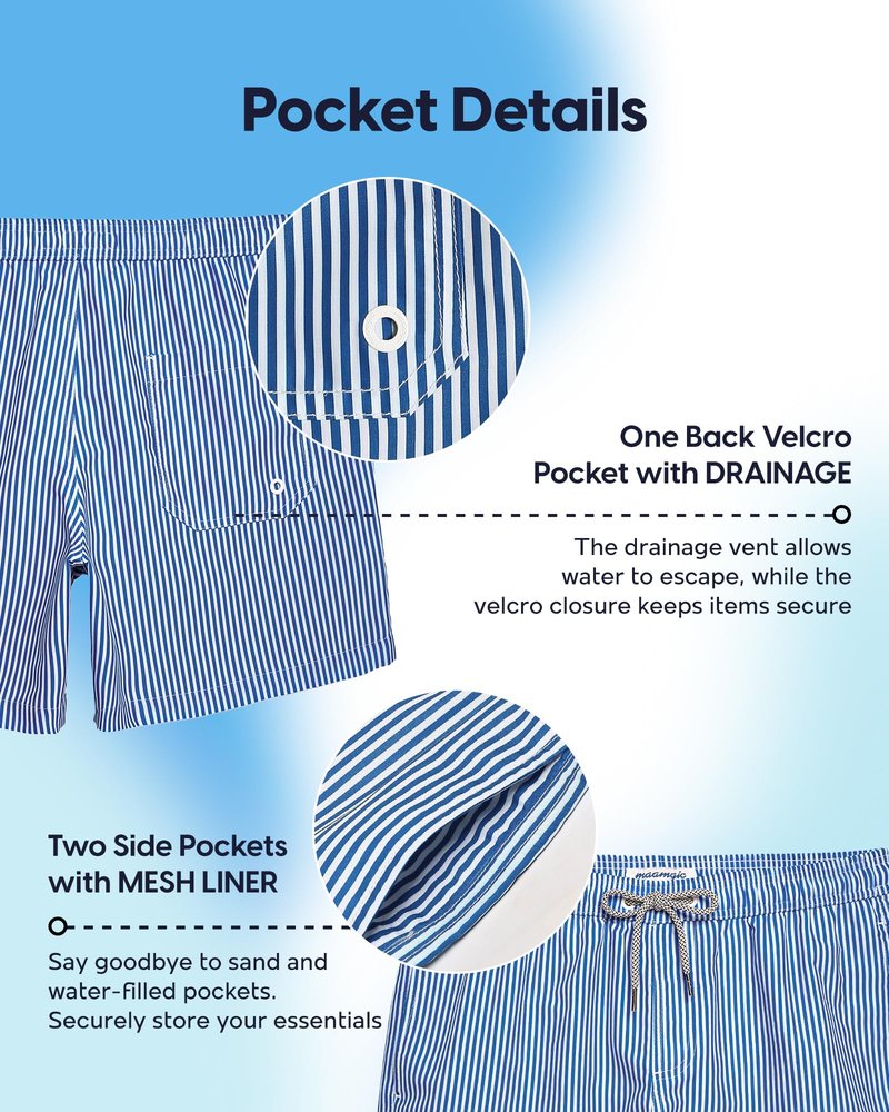 maamgic Mens Swim Trunks 5 Inch with Mesh Lining, Quick Dry Mens Bathing Suit, Swim Shorts for Swimming and Beach, Medium Blue Stripe