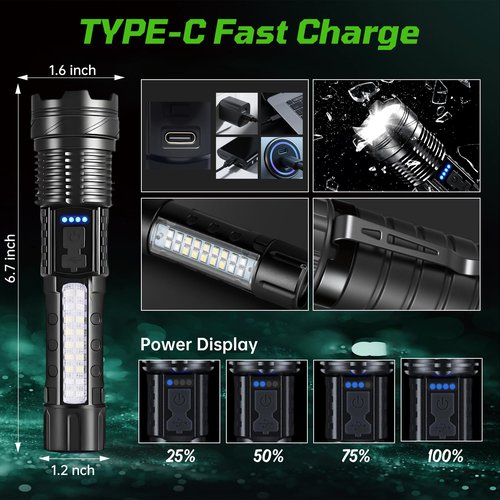Rechargeable Flashlights High Lumens, 7Mode LED Flashlight Rechargeable, Super Bright Flashlight Battery Powered, Adjustable Flash Light, Tactical Flashlights for Home Emergencies Camping, 2 Pack