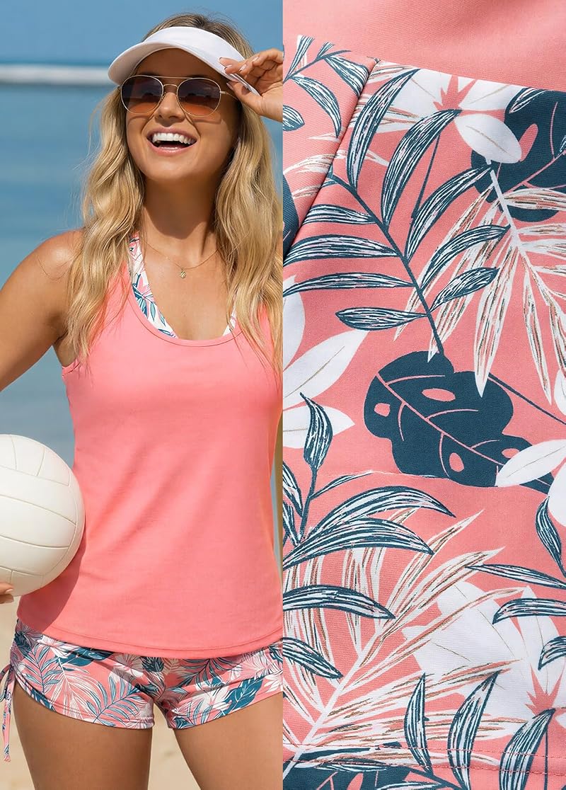 Tankini Swimsuit Set for Women with Board Shorts - Peach Pink Large
