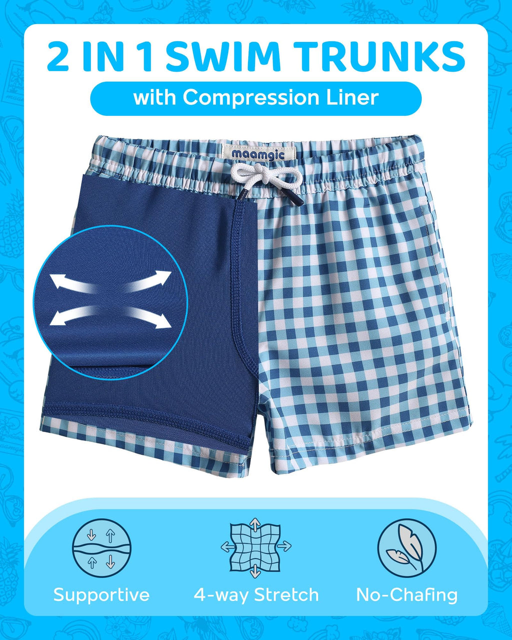 maamgic Boys Swim Trunks with Compression Liner Toddler Boy Swimsuit Quick Dry 4-Way Stretch Swimming Trunks Check Blue 14-16 Years