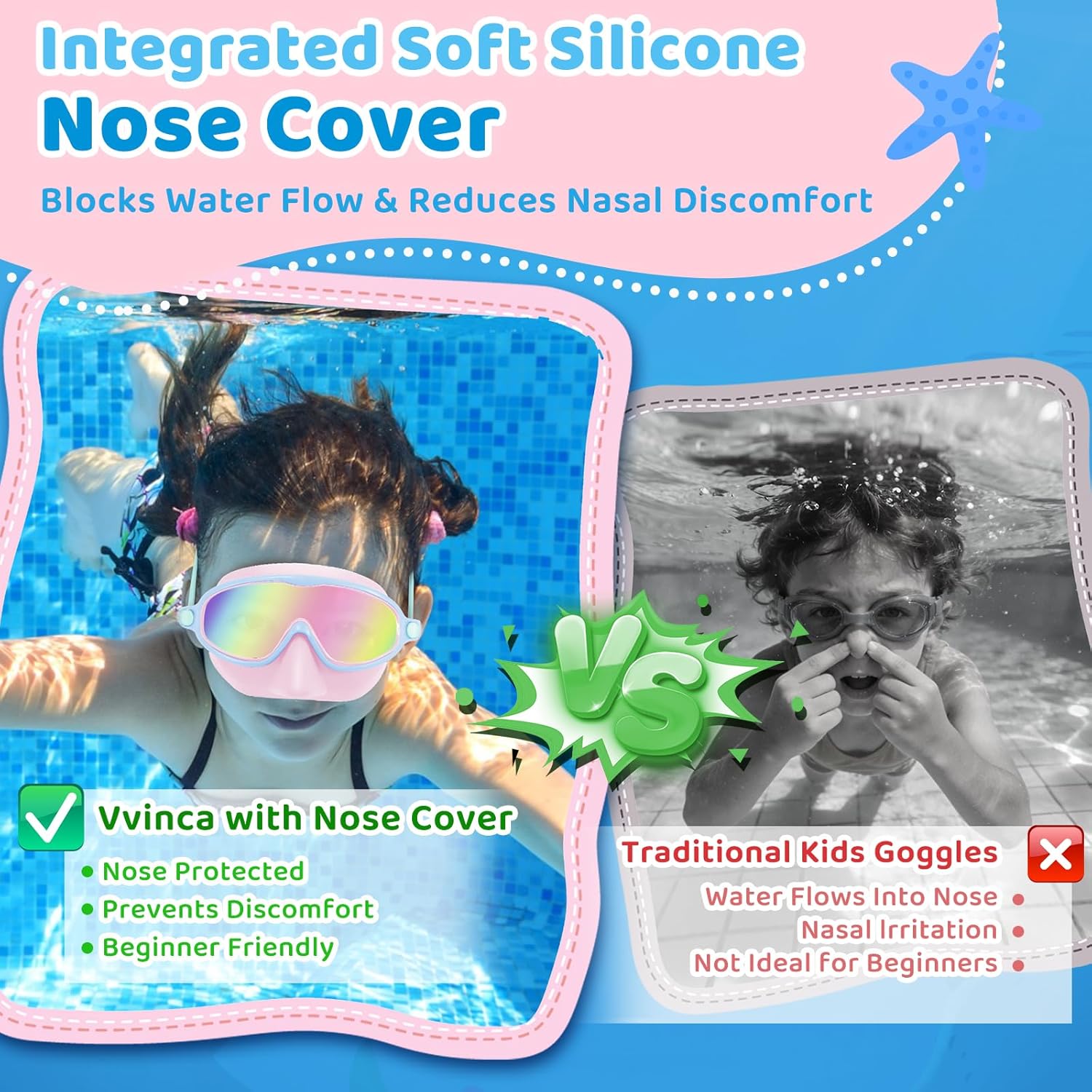 Vvinca Kids Swim Goggles - Anti-Fog UV Protection with Nose Cover | 2 Pack for Ages 3-14