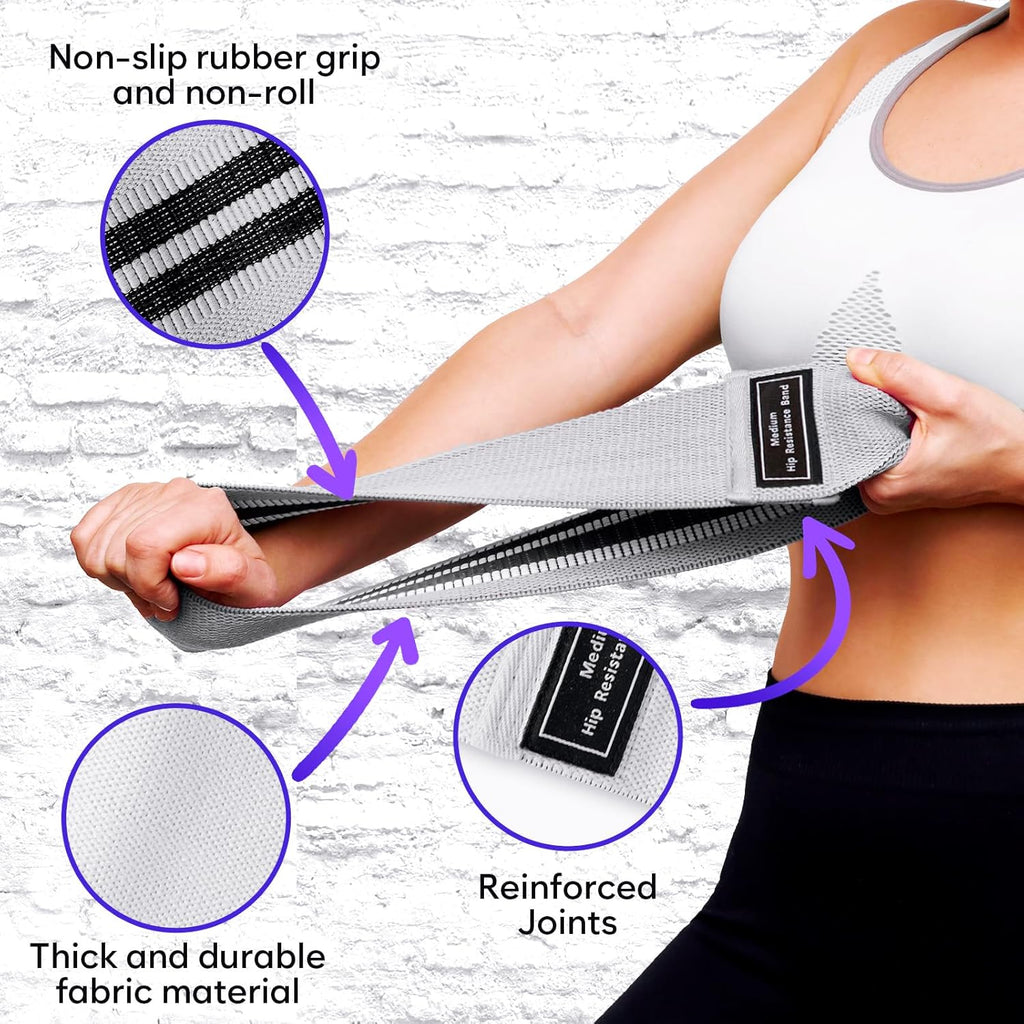 Wide Fabric Resistance Bands - 3 Strength Levels, Non-Slip Booty Bands for Men & Women | Includes Bag & Tape Measure for Gym, Yoga, Pilates