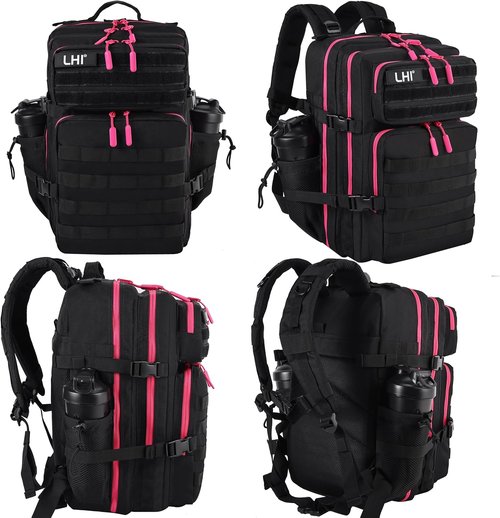 LHI Military Tactical Backpack - 45L Assault Pack with Molle System | Black with Red Zipper