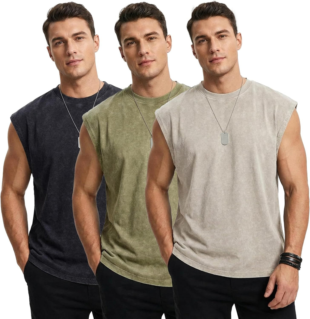 Skiennix Sleeveless Muscle Tank Tops - Vintage Washed 3 Pack Heavyweight Cotton Gym Tees