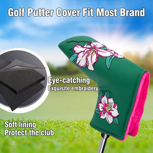 Golf Club Covers Azalea Embroidery Putter Headcover Driver Cover Fariway Wood Headcover Hybrid Cover Leather Mallet Putter Covers Blade with Magnetic Closure for Most Brand (for Blade Putter)