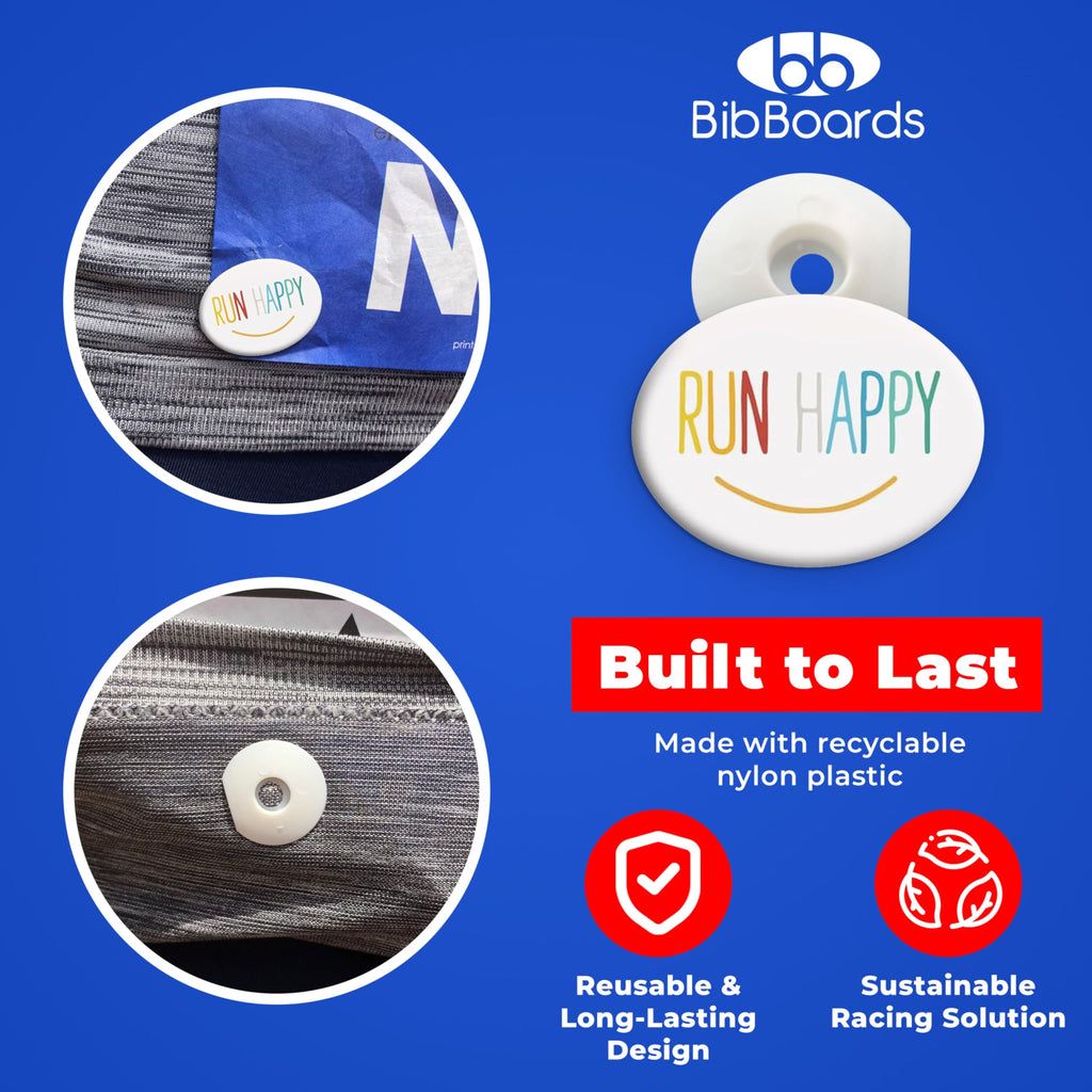 bibSNAPS Race Bib Clips - Safety Lock Fasteners - Secures Running, Marathon, Cycling and Event Number, Non Magnetic, Easy to Use, Soft & Reusable - Replacement for Pins & Magnets - Run Happy (4pcs)
