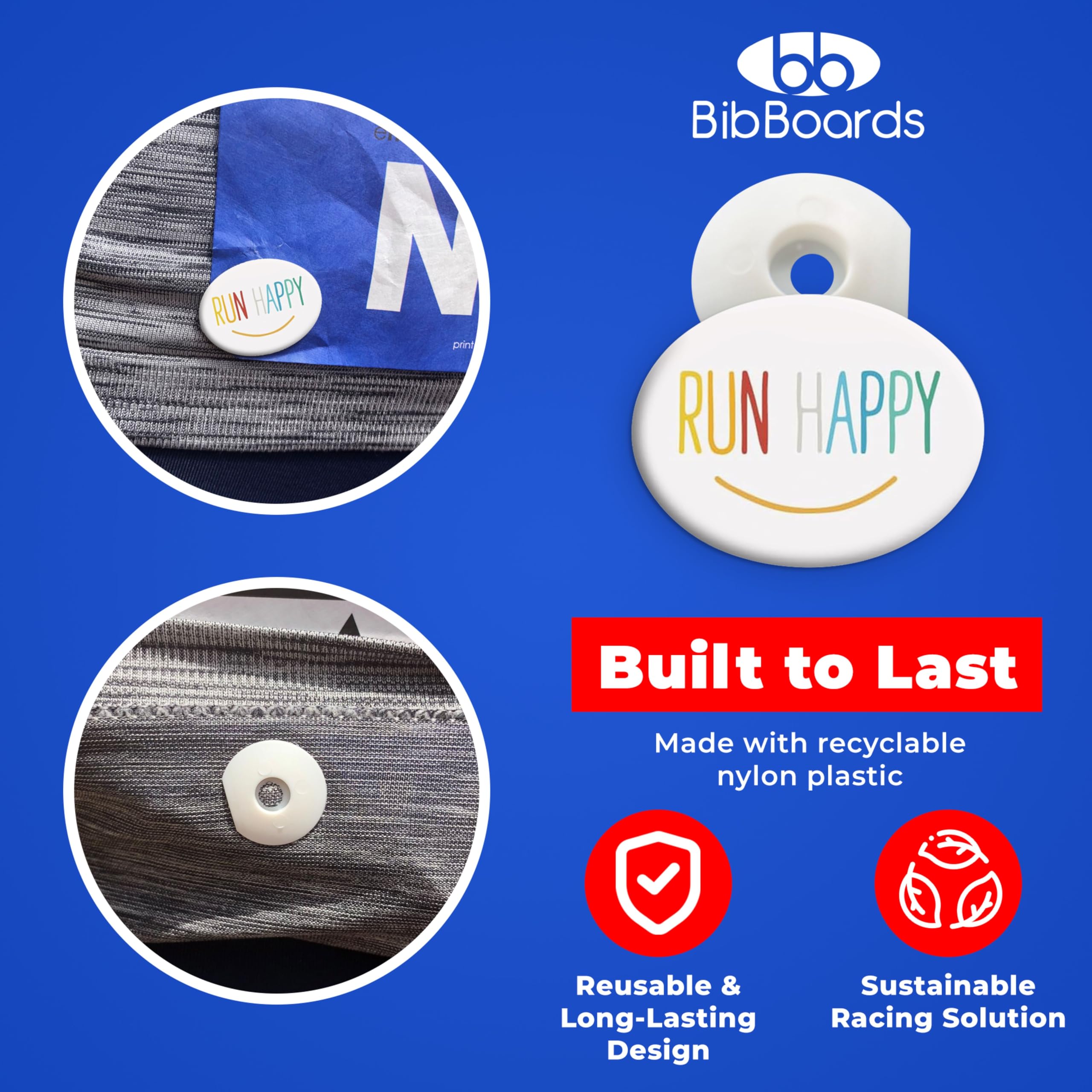 bibSNAPS Race Bib Clips - Safety Lock Fasteners - Secures Running, Marathon, Cycling and Event Number, Non Magnetic, Easy to Use, Soft & Reusable - Replacement for Pins & Magnets - Run Happy (4pcs)