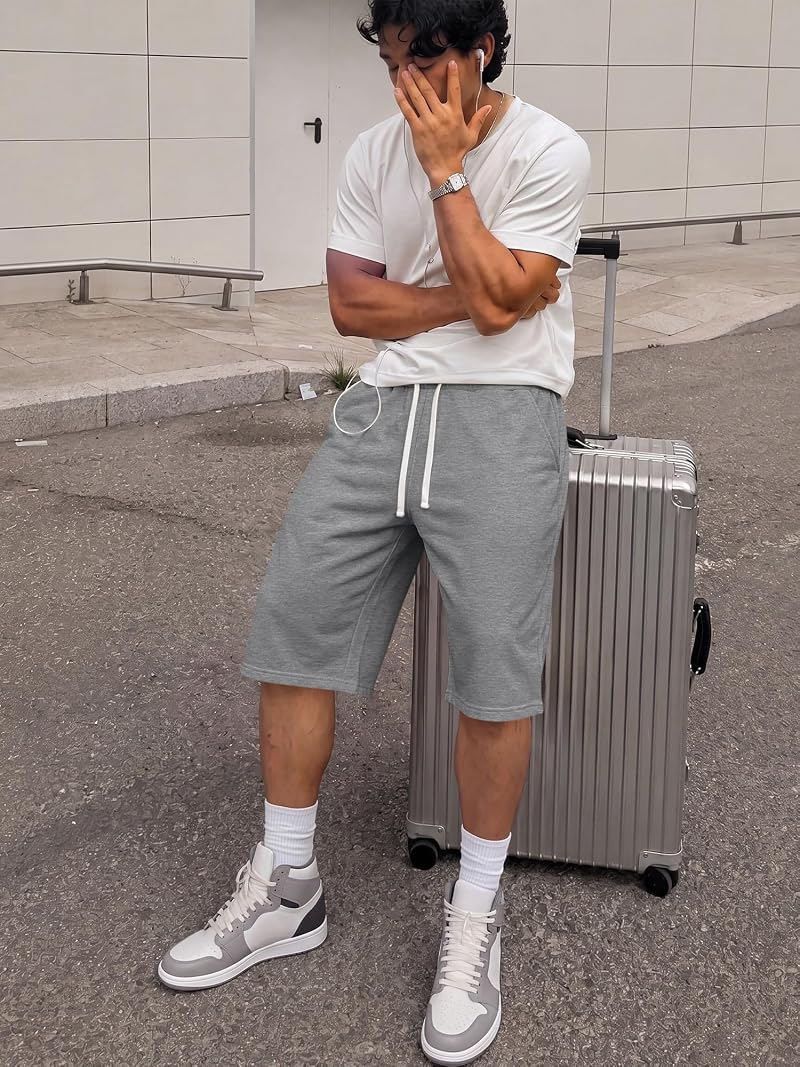 JMIERR Men’s Baggy Sweat Shorts Below Knee - Grey, Medium