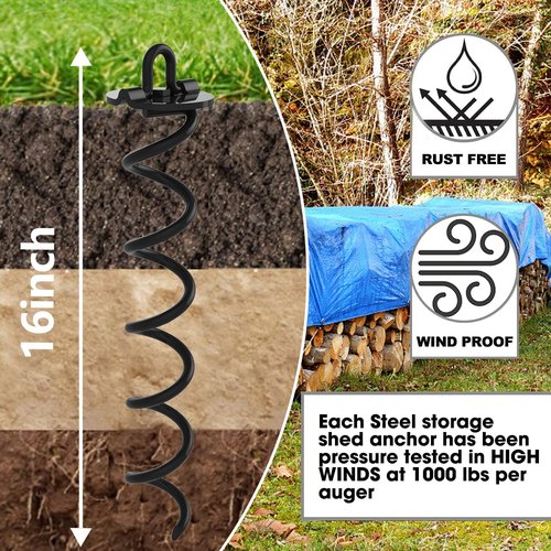 Eurmax USA Heavy-Duty Spiral Stakes Anchor Kit - 4-Pc Pack for Trampolines, Tents & Canopies | Bonus Tie Down Straps (Black)