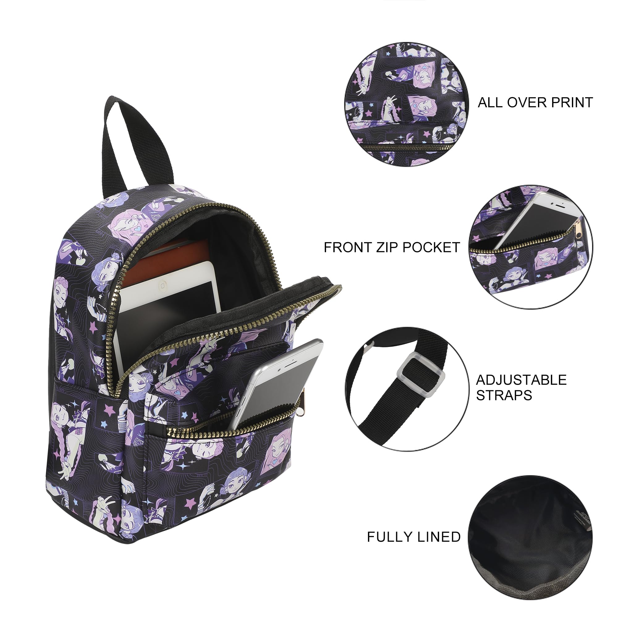 Bioworld KPop Demon Hunters Huntrix AOP Adult Black 11.5" Mini Backpack