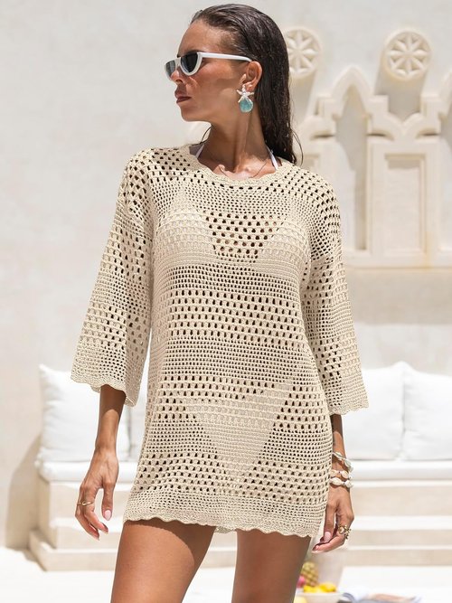 ANRABESS Women's Crochet Knit Swimsuit Cover-Up - 3/4 Sleeve Mini Dress for Summer Beach Vacations