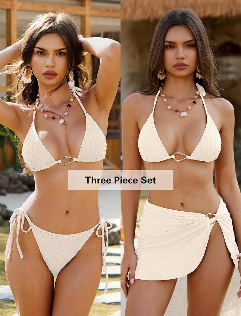 Beige 3-Piece Bikini Set with Cover-Up Skirt for Women - Halter Top, Tie-Side Bottom & Skirt - ZAFUL
