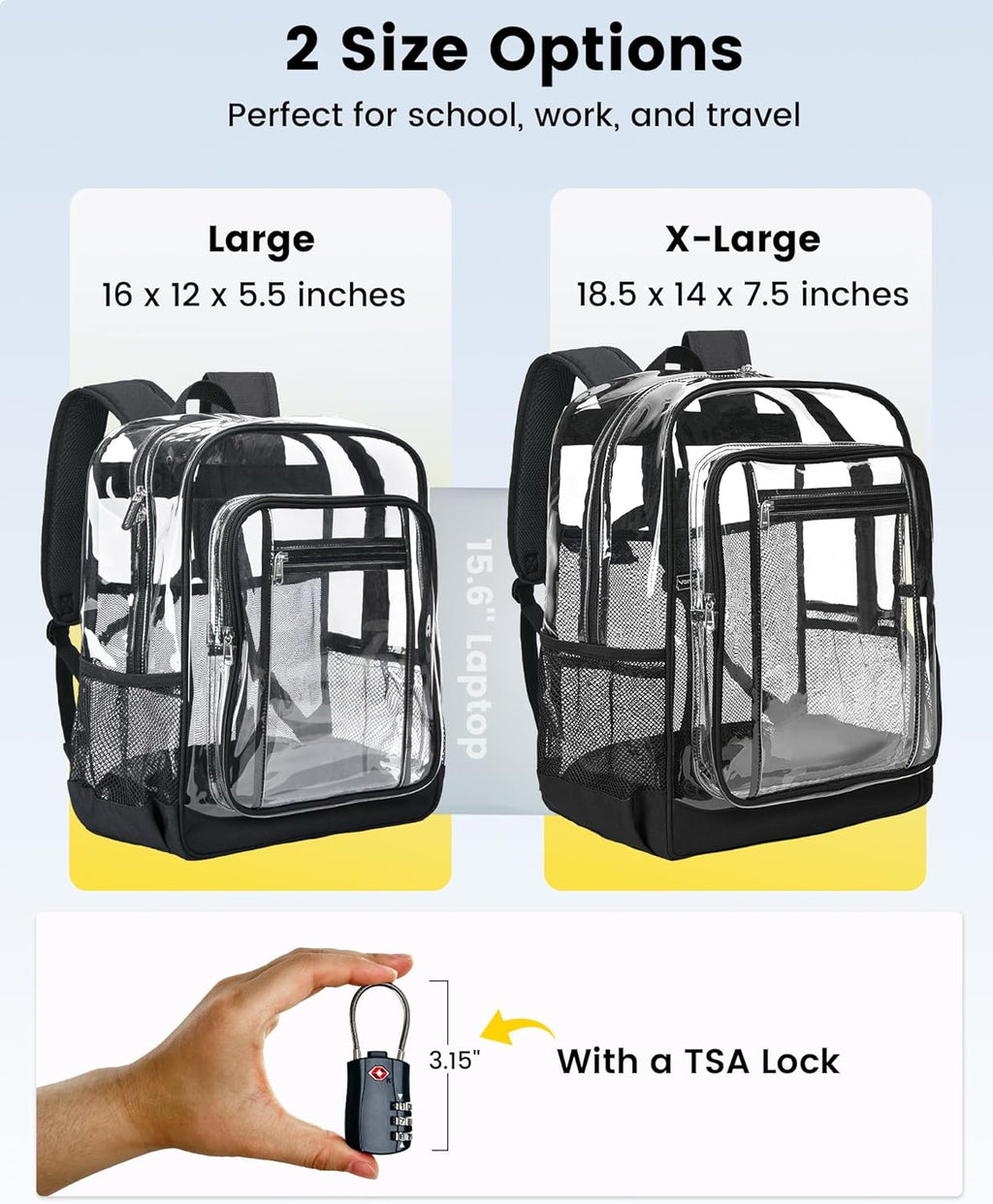 Vorspack Clear Backpack - Heavy Duty Extra Large Transparent Bookbag with TSA Lock | Black for College & Travel