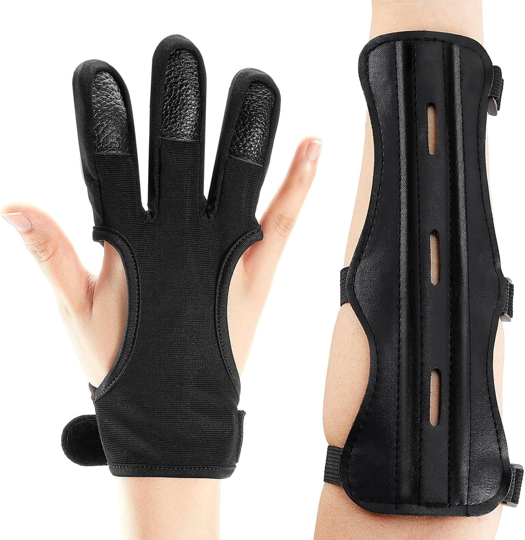 Sratte Archery Glove & Arm Guard Set - Adjustable 3-Strap Leather Bracer for Youth & Adults