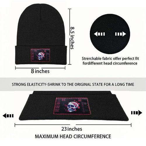 Skull Goth Beanies Hat, Vintage Cool Skeleton Gothic Halloween Men's and Women's Winter Warm Black Fashion Spooky Knit Hat