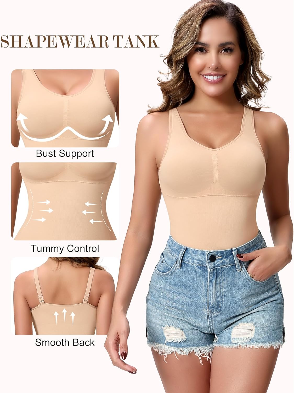 Skiennix Compression Shapewear Tank Top - V Neck Halter Design with Built-In Bra & Tummy Control