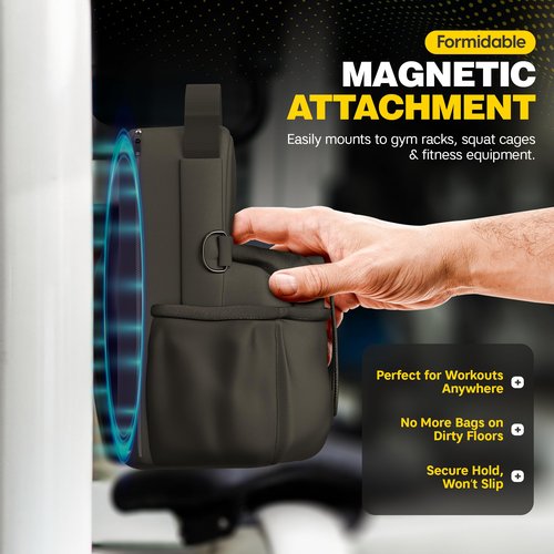 PEAK CRAFT Magnetic Gym Bag & Bottle Holder with Magnet or Phone Clip, Towel & Storage – Strong Magnet Organizer for Gym Racks, Fitness Equipment, Workouts, and Multi-Compartment Accessory Holder