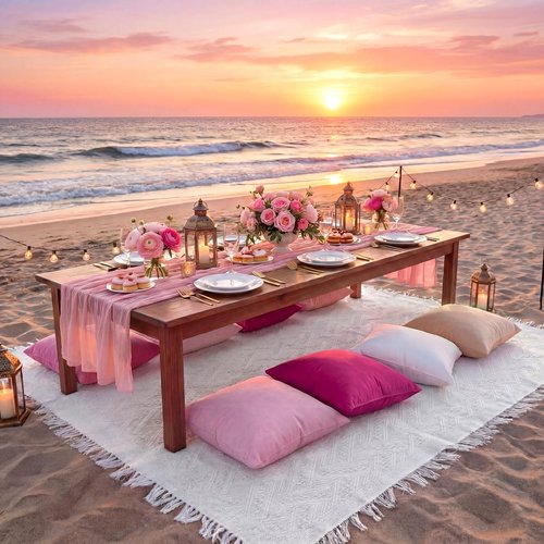 Moukeren 10 Pcs 71''x102'' Extra Large White Outdoor Boho Picnic Blanket with Pink Table Runner 8 Throw Pillow Cover Oversized Washable Portable Beach Blanket for Valentine Picnic Camp Lawn Wedding