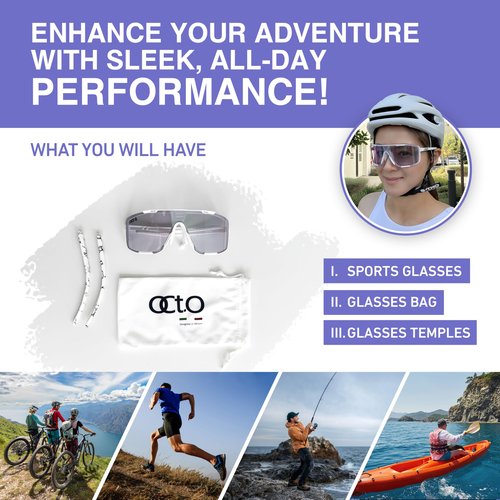 OCTO Zonda Photochromic Cycling Glasses - Lightweight Sports Sunglasses for Men & Women, UV400 Protection for Cycling, Running, Golf, and Outdoor Activities (White Purple)