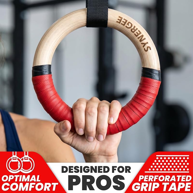 Wooden Gymnastic Rings 1.25" Set with Numbered Straps & Carabiners for Pull Ups, Dips, Muscle Ups