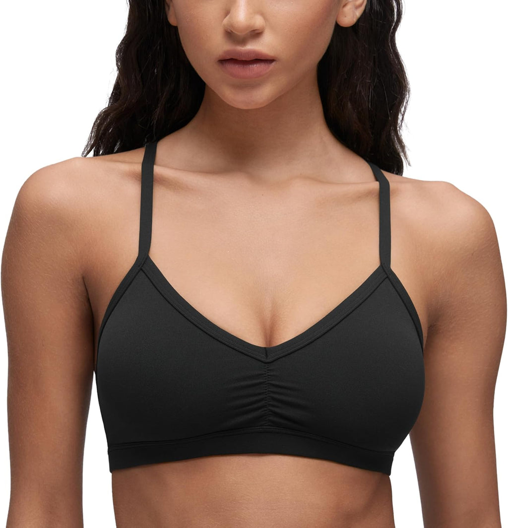 CRZ YOGA Butterluxe Sports Bra for Women - V Neck, Wireless, Padded, Thin Strap Yoga Crop Top