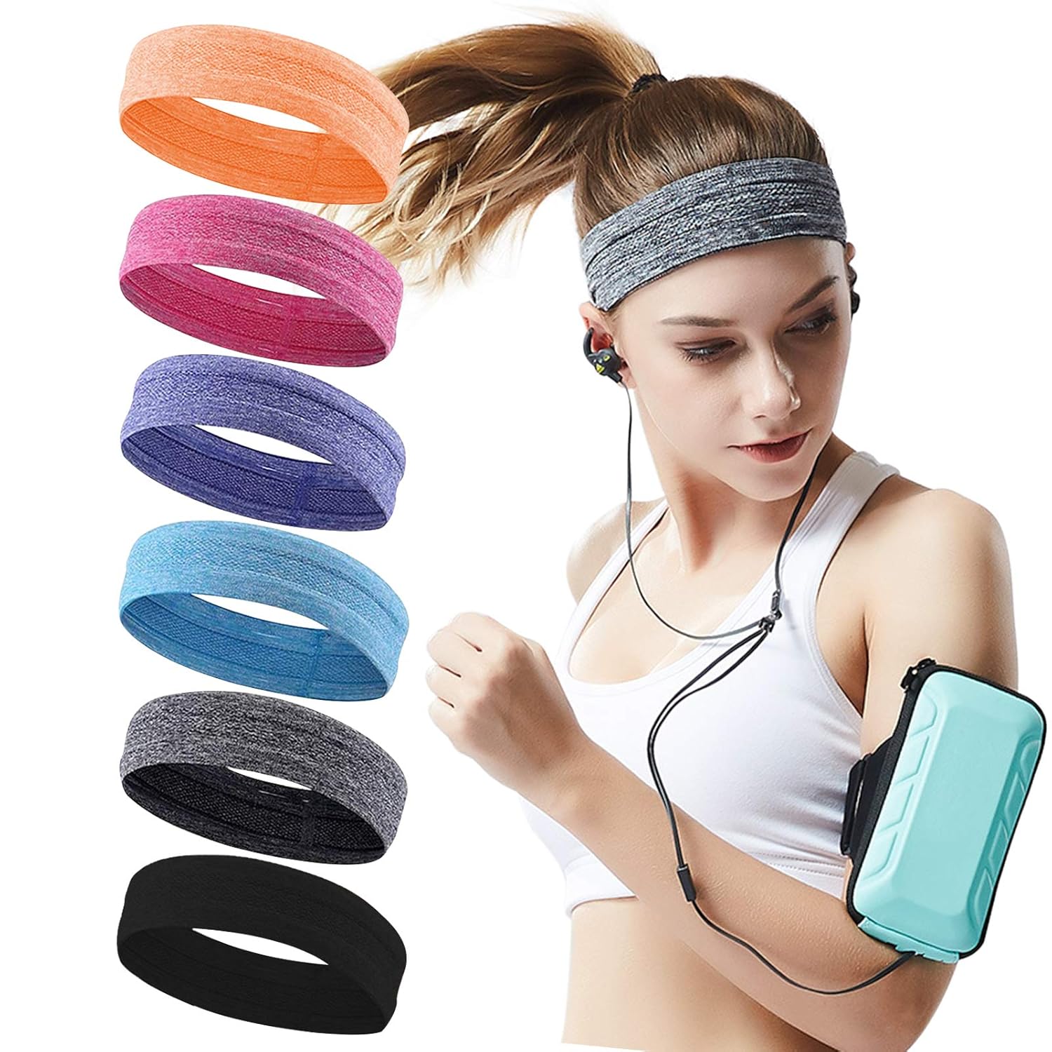 QiShang Sweat Bands - 6-Pack Non-Slip Headbands for Women | Moisture-Wicking Workout Gear