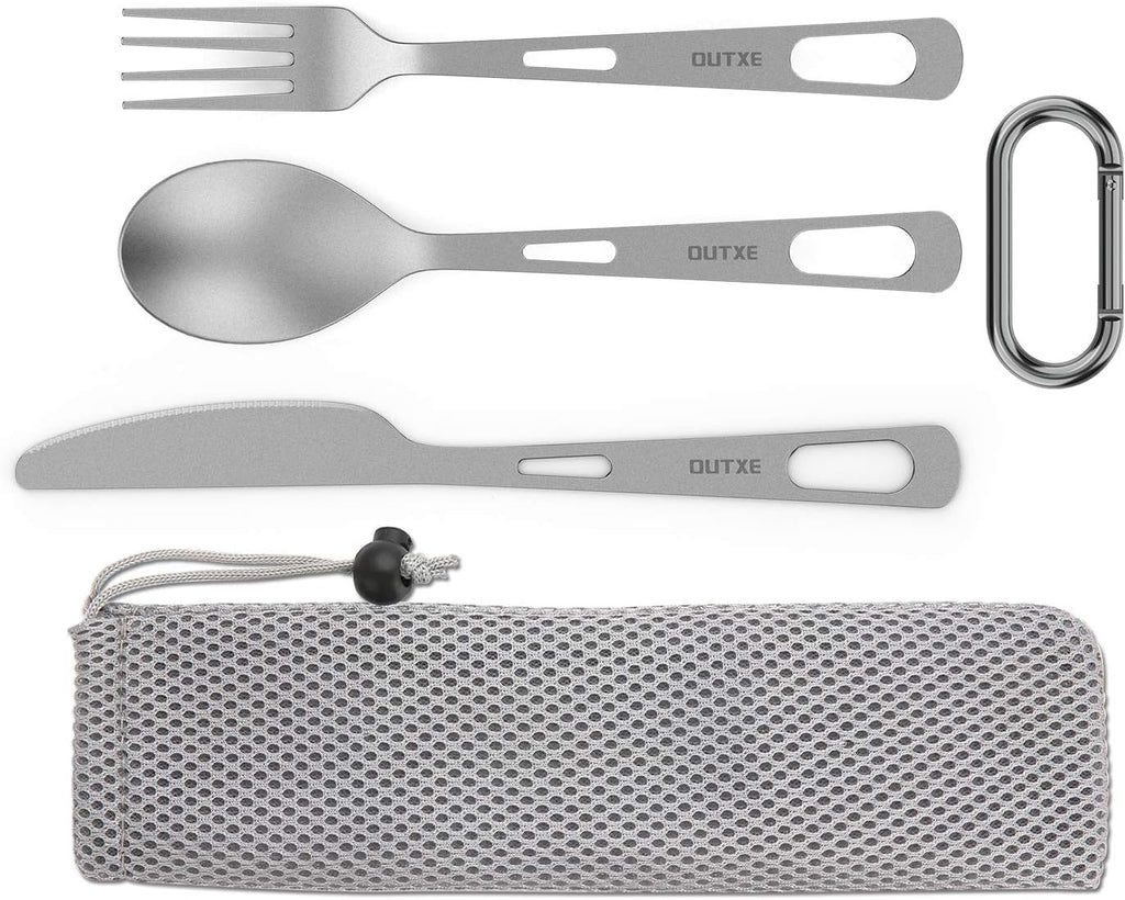 OUTXE Titanium Flatware Set - Lightweight Camping Cutlery with Carrying Bag for Travel & Hiking