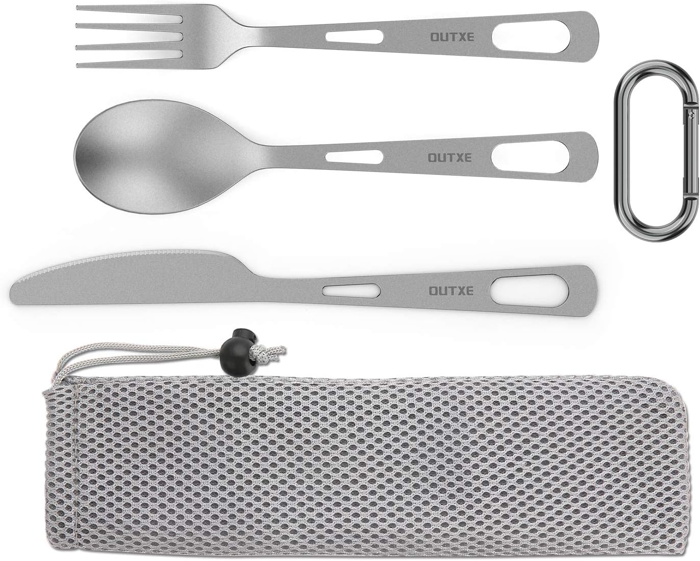 OUTXE Titanium Flatware Set - Lightweight Camping Cutlery with Carrying Bag for Travel & Hiking