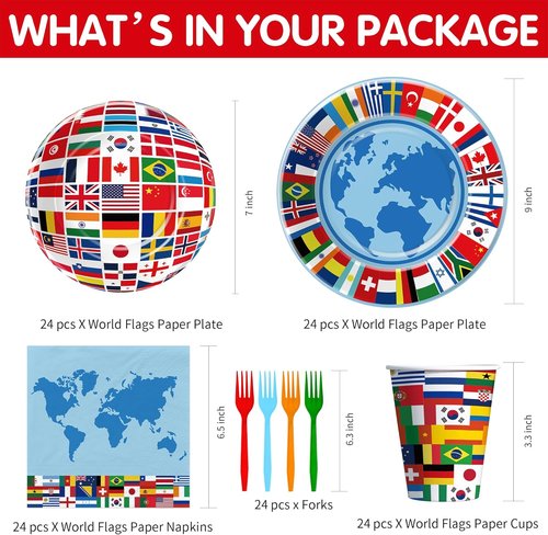 APOWBLS International World Flags Decorations - Olympic Party Supplies Set for 24 | Plates, Cups, Napkins, Cutlery, Tablecloth