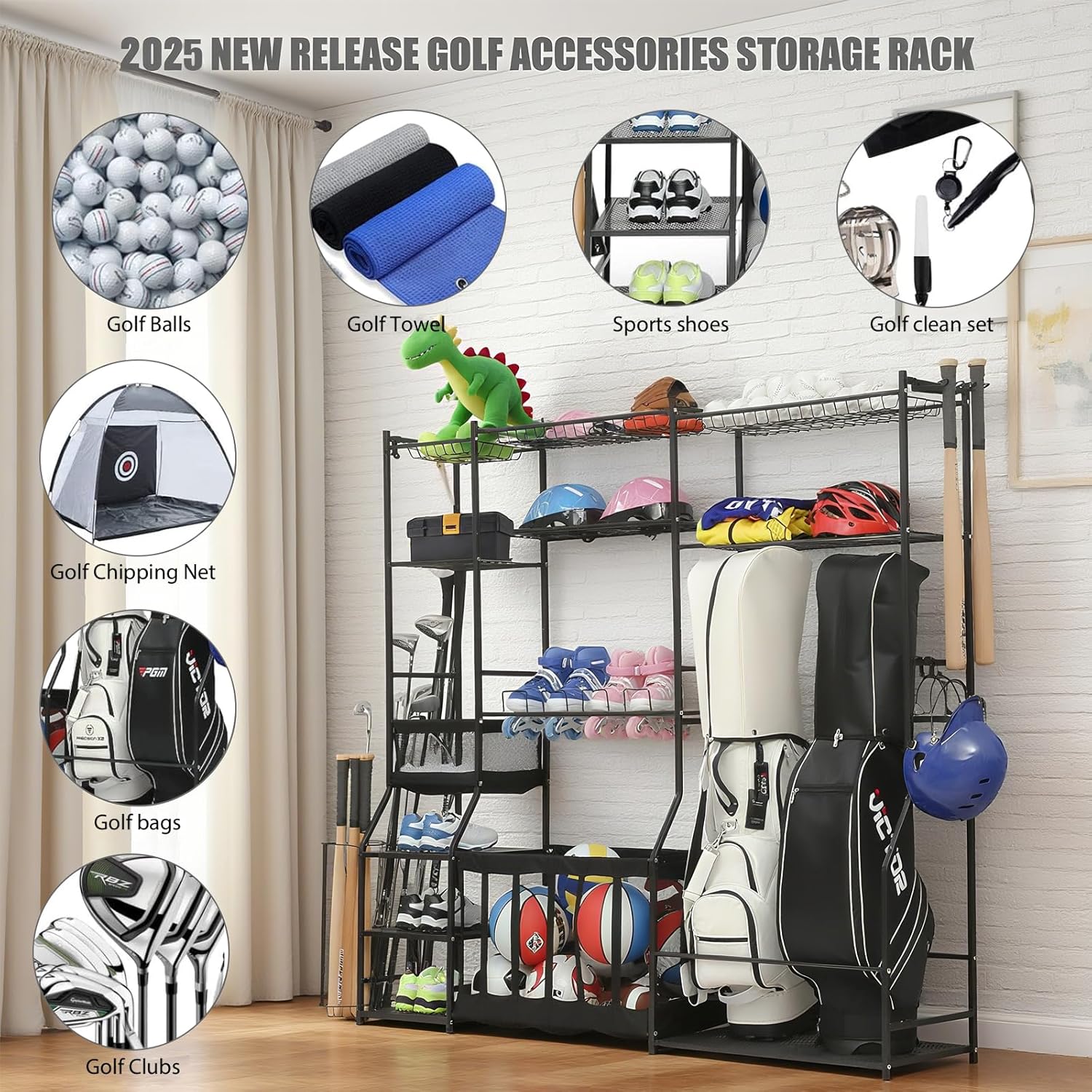Skiennix Large Garage Sports Equipment Organizer - Upgraded Rack with Holder & Hooks for Balls | Indoor/Outdoor Basketball Storage