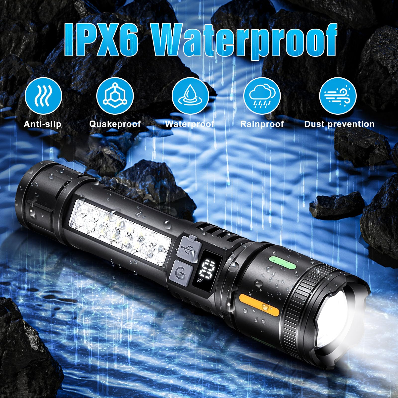 Ciwuzxs Rechargeable LED Flashlights High Lumens 3000LM Super Bright Tactical Flashlight with Cob Sidelight, 5 Light Modes, IPX6 Waterproof, Powerful Handheld Flash Light for Camping (1, Small)