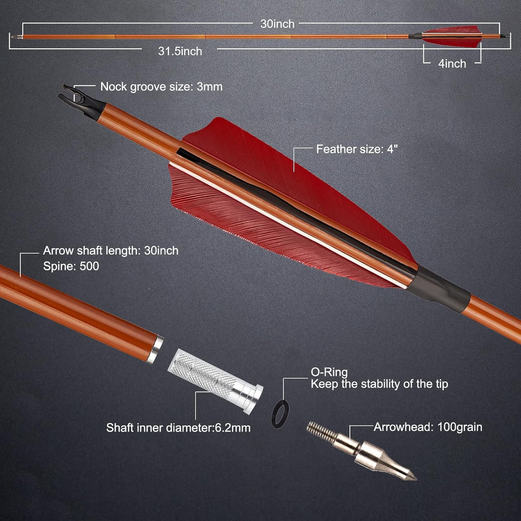 TOPARCHERY Premium 30" Carbon Hunting Arrows - 4" Real Turkey Feathers Fletching | 500 Spine for Recurve & Long Bow - 12 Pack