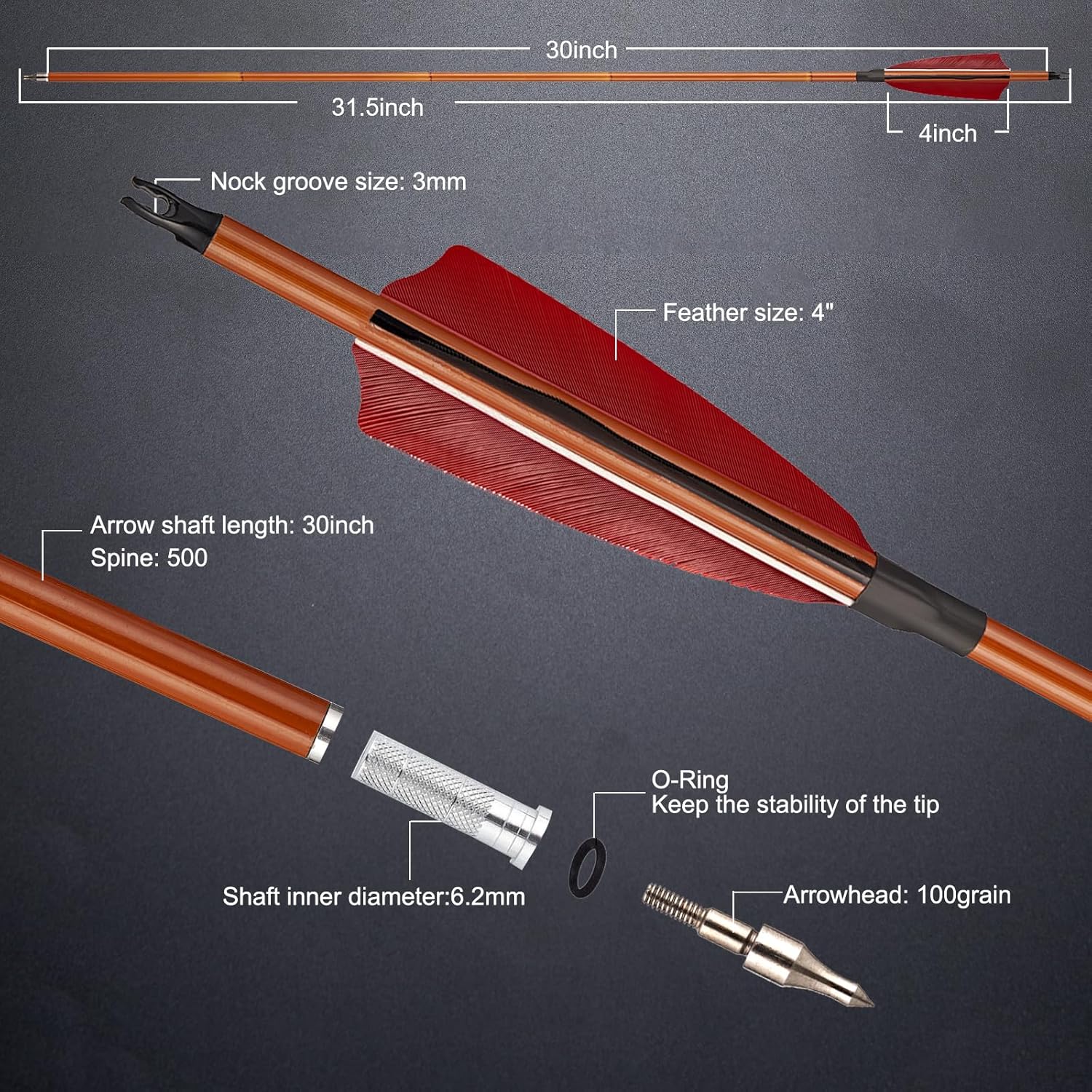 TOPARCHERY Premium 30" Carbon Hunting Arrows - 4" Real Turkey Feathers Fletching | 500 Spine for Recurve & Long Bow - 12 Pack