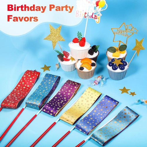 Gold Stars Dance Ribbons - 12-Pack Rainbow Streamers for Kids' Birthday & Patriotic Parties