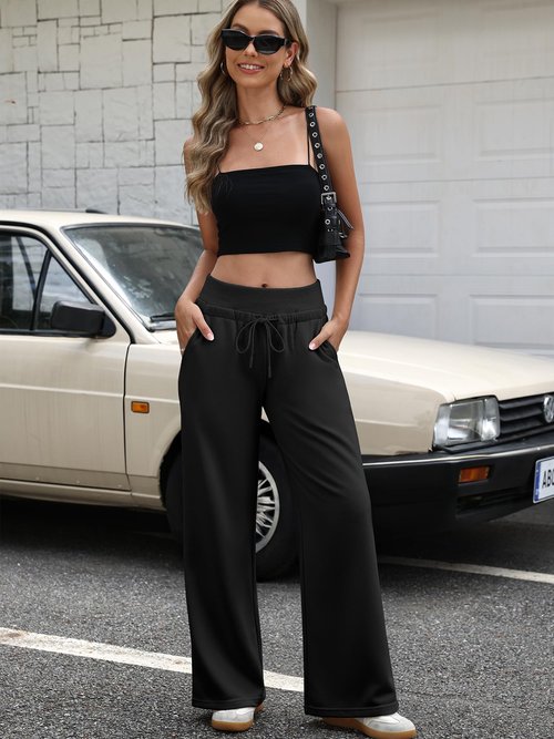 ELLEVEN Wide Leg Sweatpants Women Lounge Baggy Joggers Low Rise Y2K Sweat Pants Straight Leg Drawstring Fall Fashion Workout Athletic Pants with Pockets Black Medium